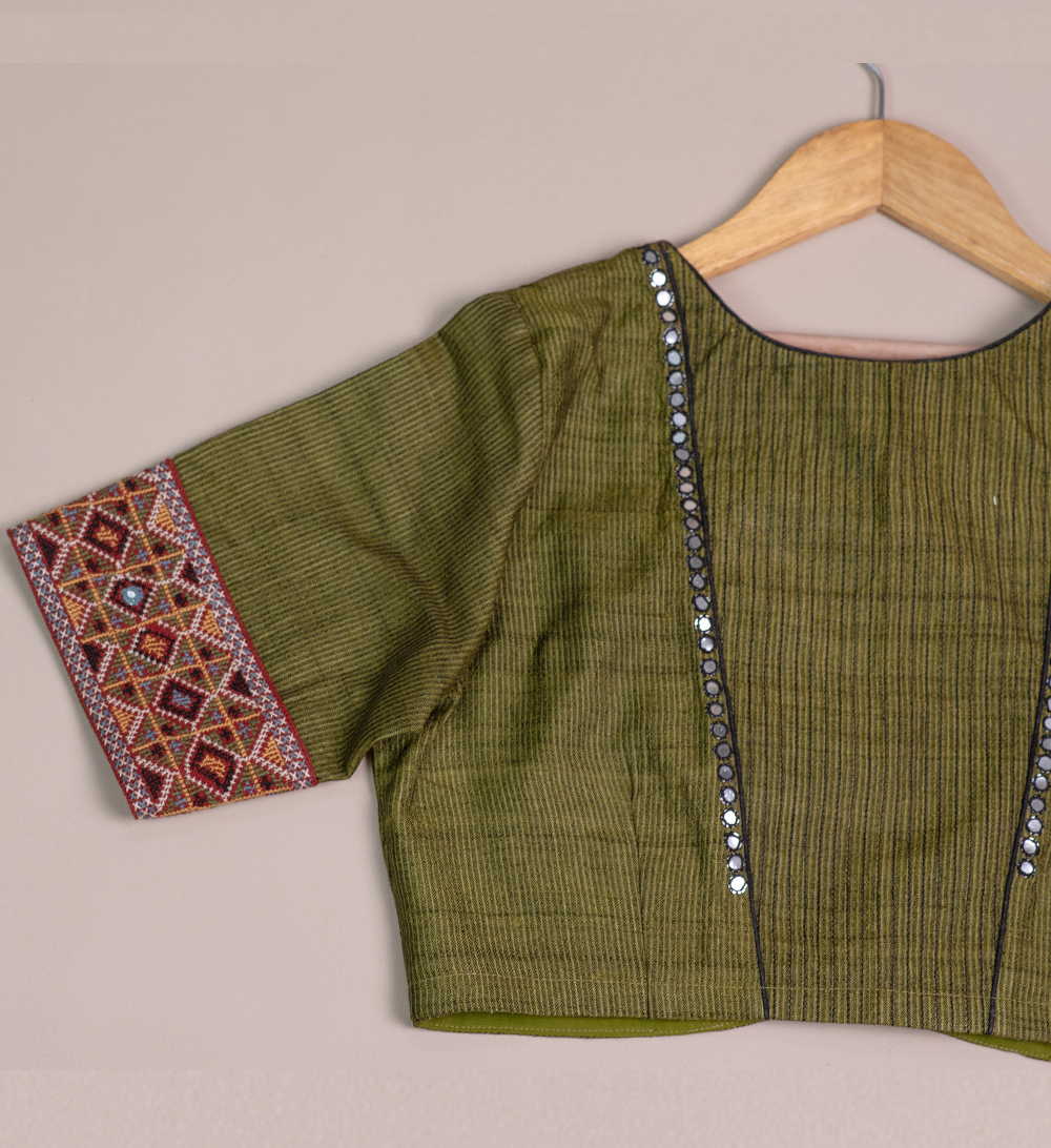 Khaki green Handspun Tussar Kutch Embroidered Blouse 32,34,36,38,40,42