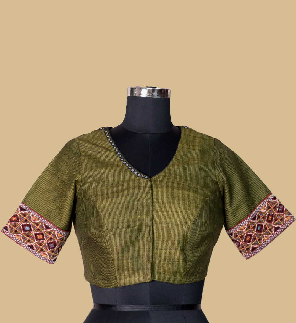 Khaki green Handspun Tussar Kutch Embroidered Blouse 32,34,36,38,40,42