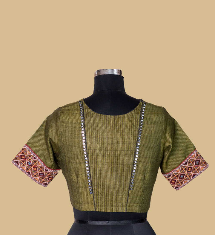 Khaki green Handspun Tussar Kutch Embroidered Blouse 32,34,36,38,40,42