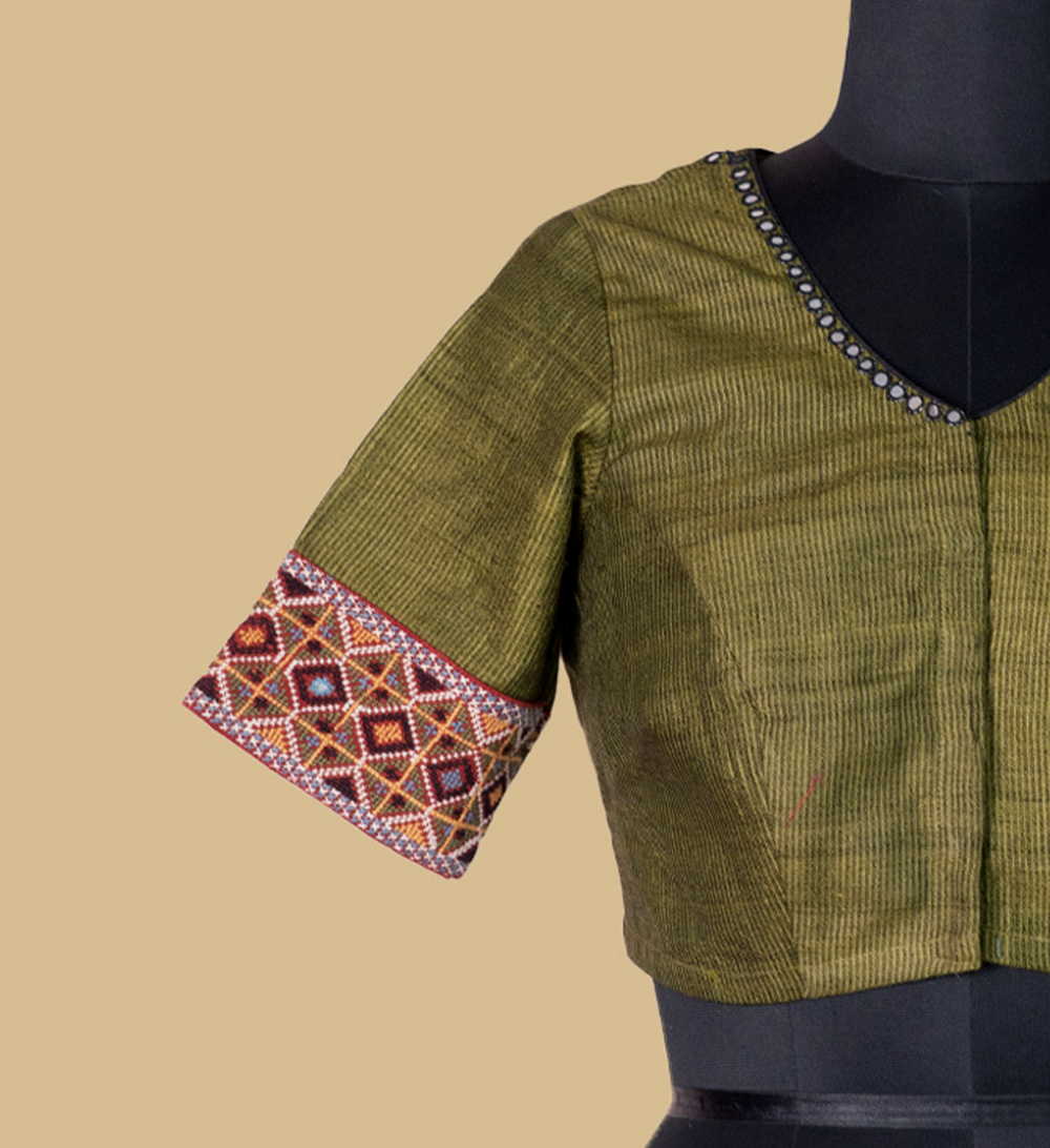 Khaki green Handspun Tussar Kutch Embroidered Blouse 32,34,36,38,40,42
