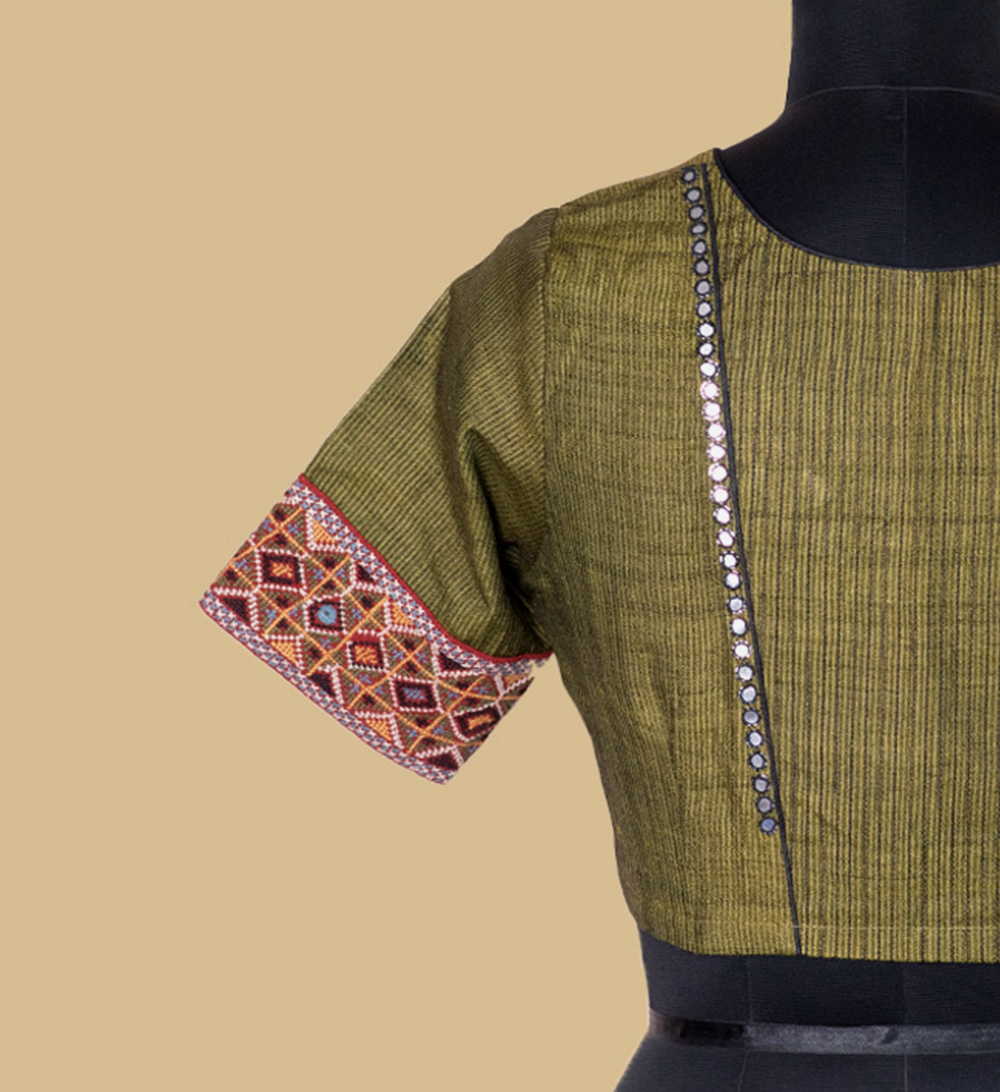 Khaki green Handspun Tussar Kutch Embroidered Blouse 32,34,36,38,40,42