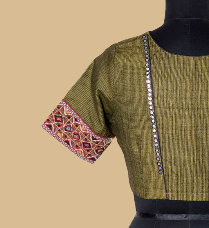 Khaki green Handspun Tussar Kutch Embroidered Blouse 32,34,36,38,40,42