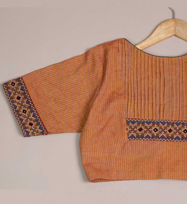 Ribbed Rust Orange Kutch Embroidered Cotton Blouse 36,38,40,42