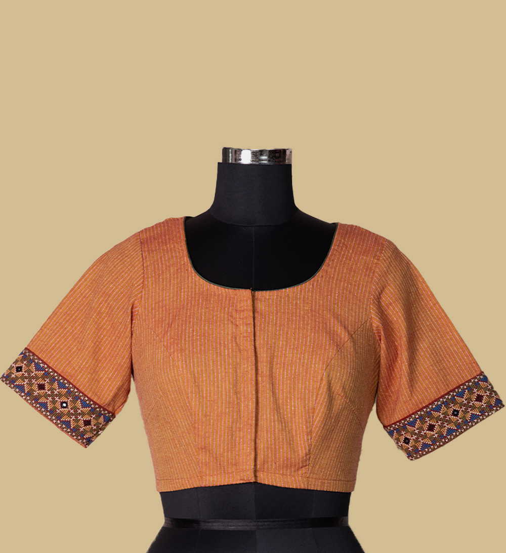 Ribbed Rust Orange Kutch Embroidered Cotton Blouse 36,38,40,42