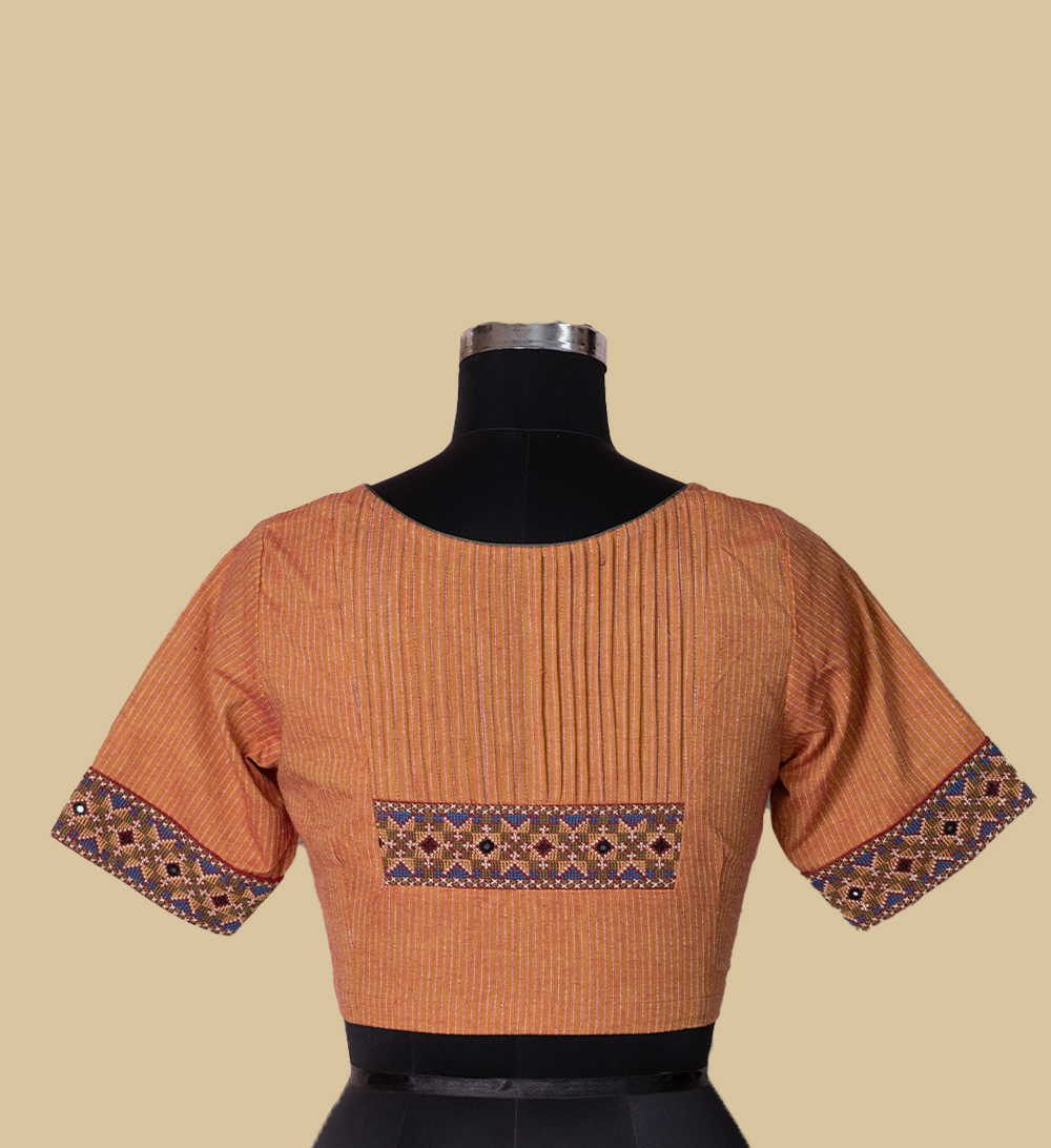 Ribbed Rust Orange Kutch Embroidered Cotton Blouse 36,38,40,42
