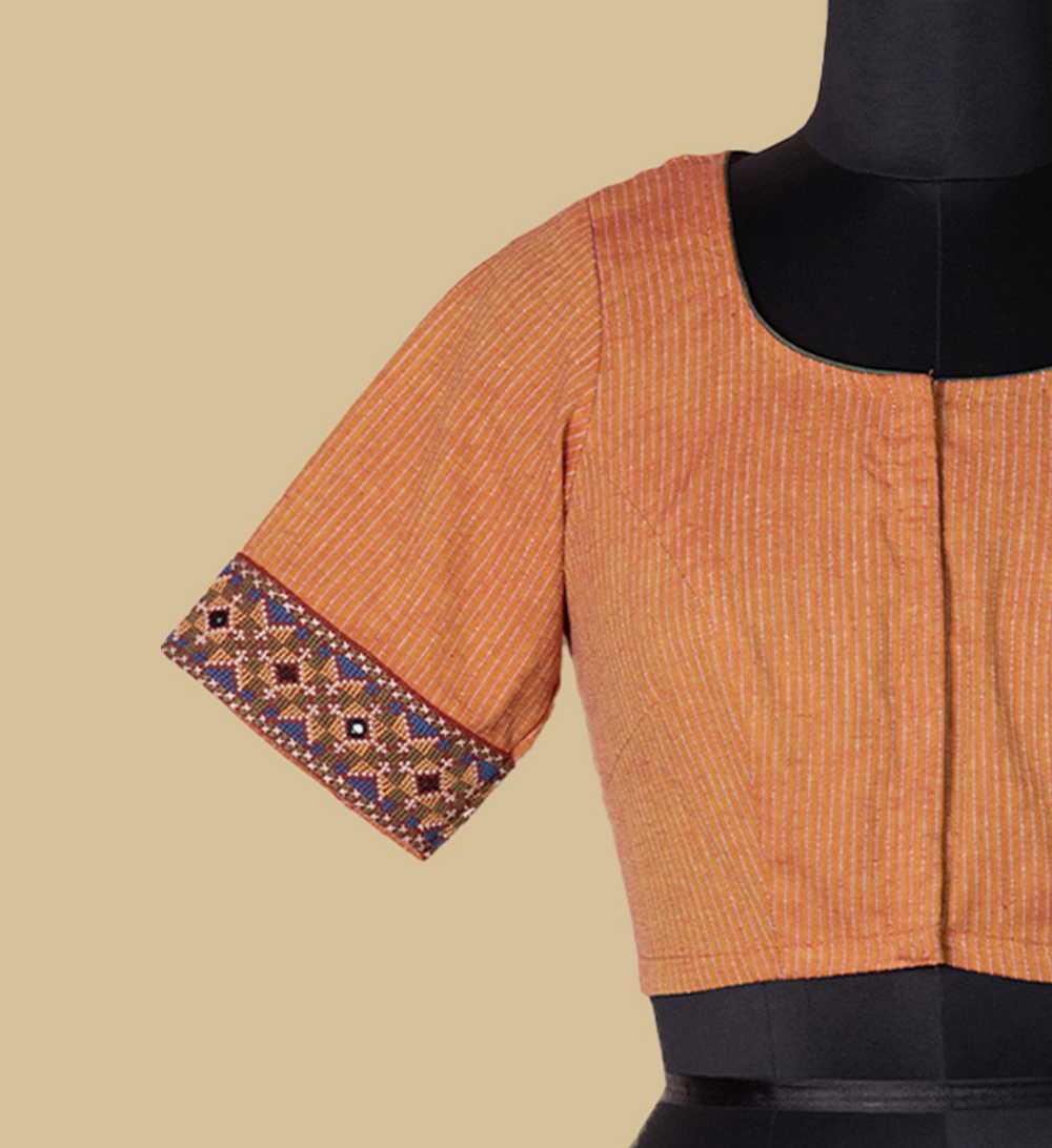 Ribbed Rust Orange Kutch Embroidered Cotton Blouse 36,38,40,42