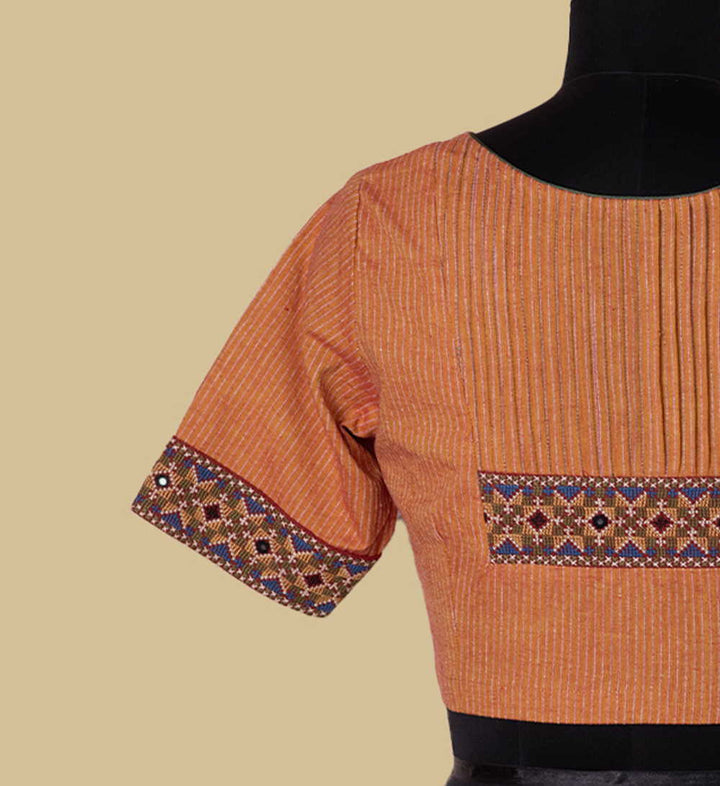 Ribbed Rust Orange Kutch Embroidered Cotton Blouse 36,38,40,42