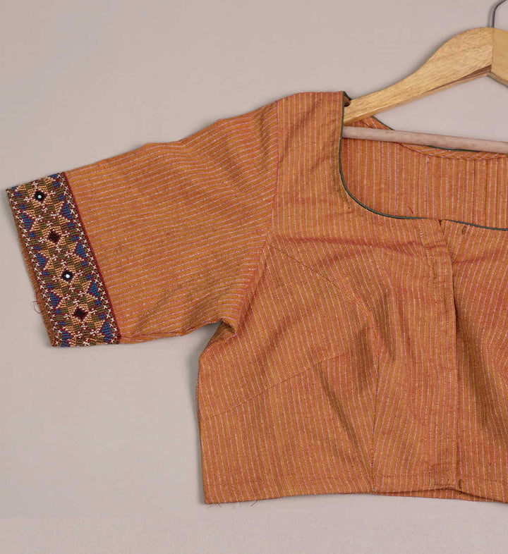 Ribbed Rust Orange Kutch Embroidered Cotton Blouse 36,38,40,42
