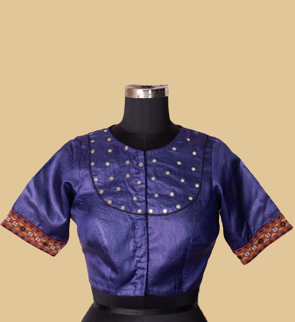 Midnight Purple Tussar Kutch Embroidered Mirror work Blouse  36,38,40,42