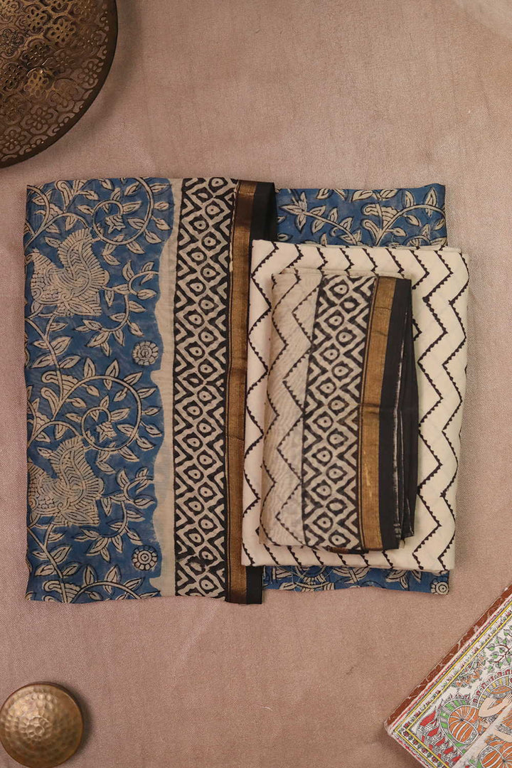 Blue with Peacock Floral Chanderi Silk Cotton Suit