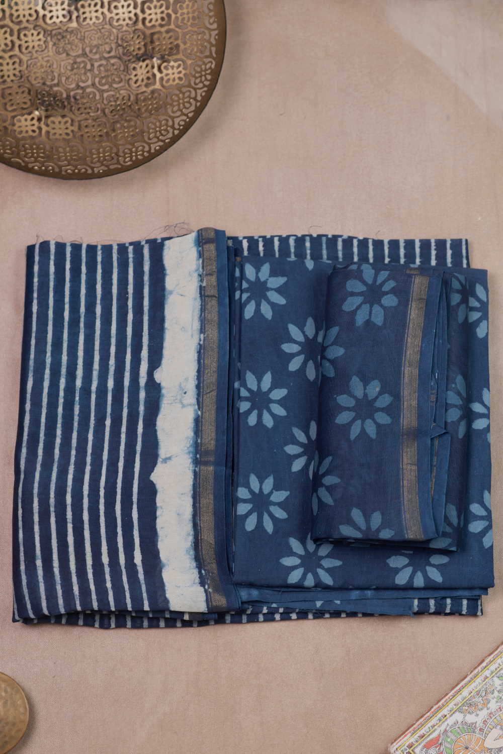 Cream Stripe - Indigo Chanderi Silk Cotton Suit