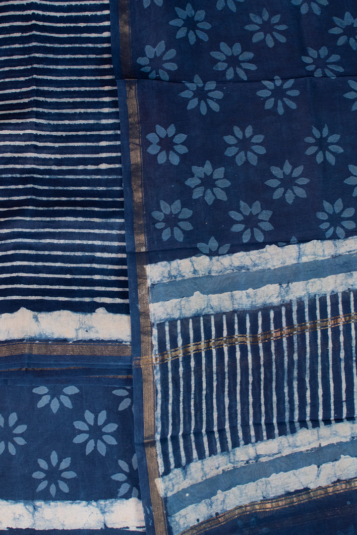 Cream Stripe - Indigo Chanderi Silk Cotton Suit