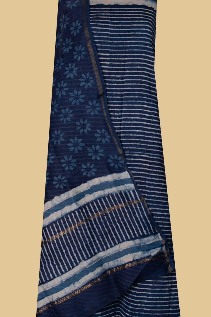 Cream Stripe - Indigo Chanderi Silk Cotton Suit