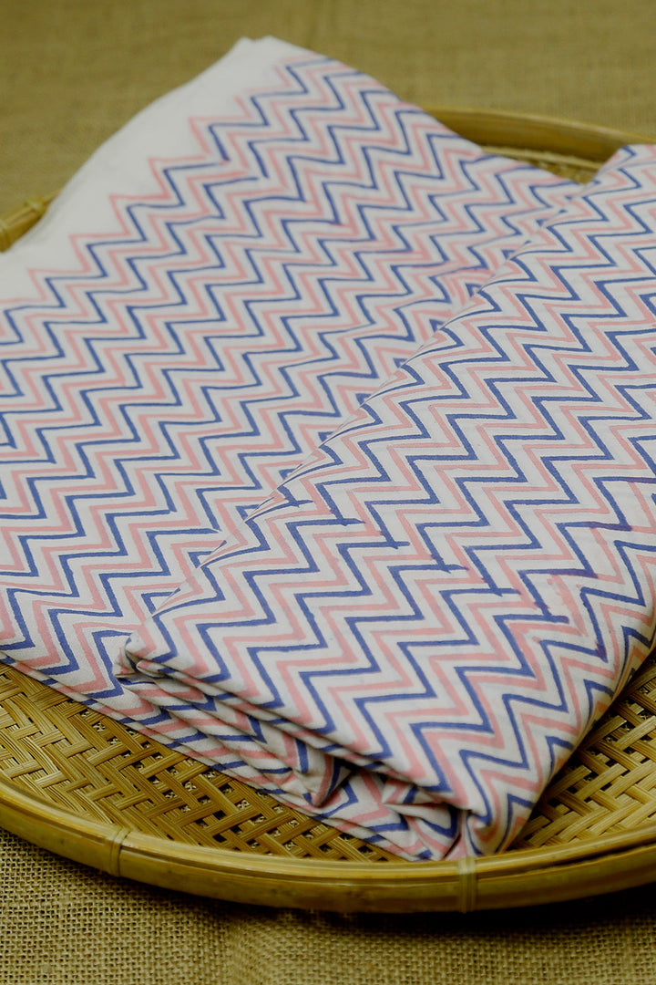 Pink & Blue Chevron Sanganeri Cotton Fabric - 0.7m