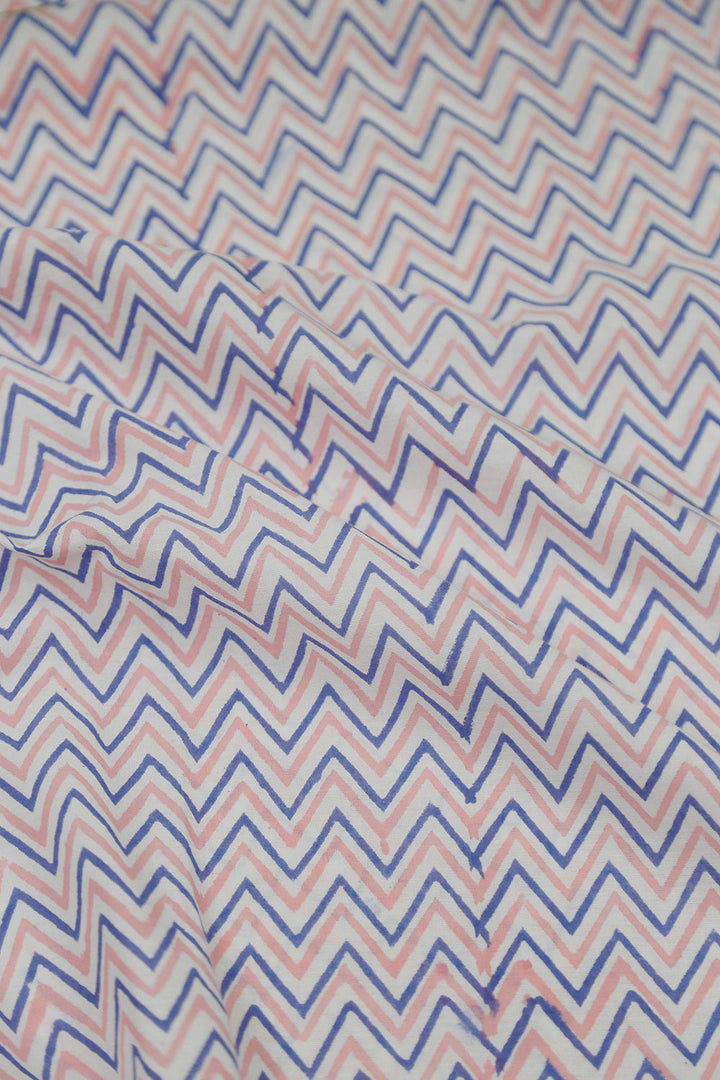 Pink & Blue Chevron Sanganeri Cotton Fabric - 0.7m