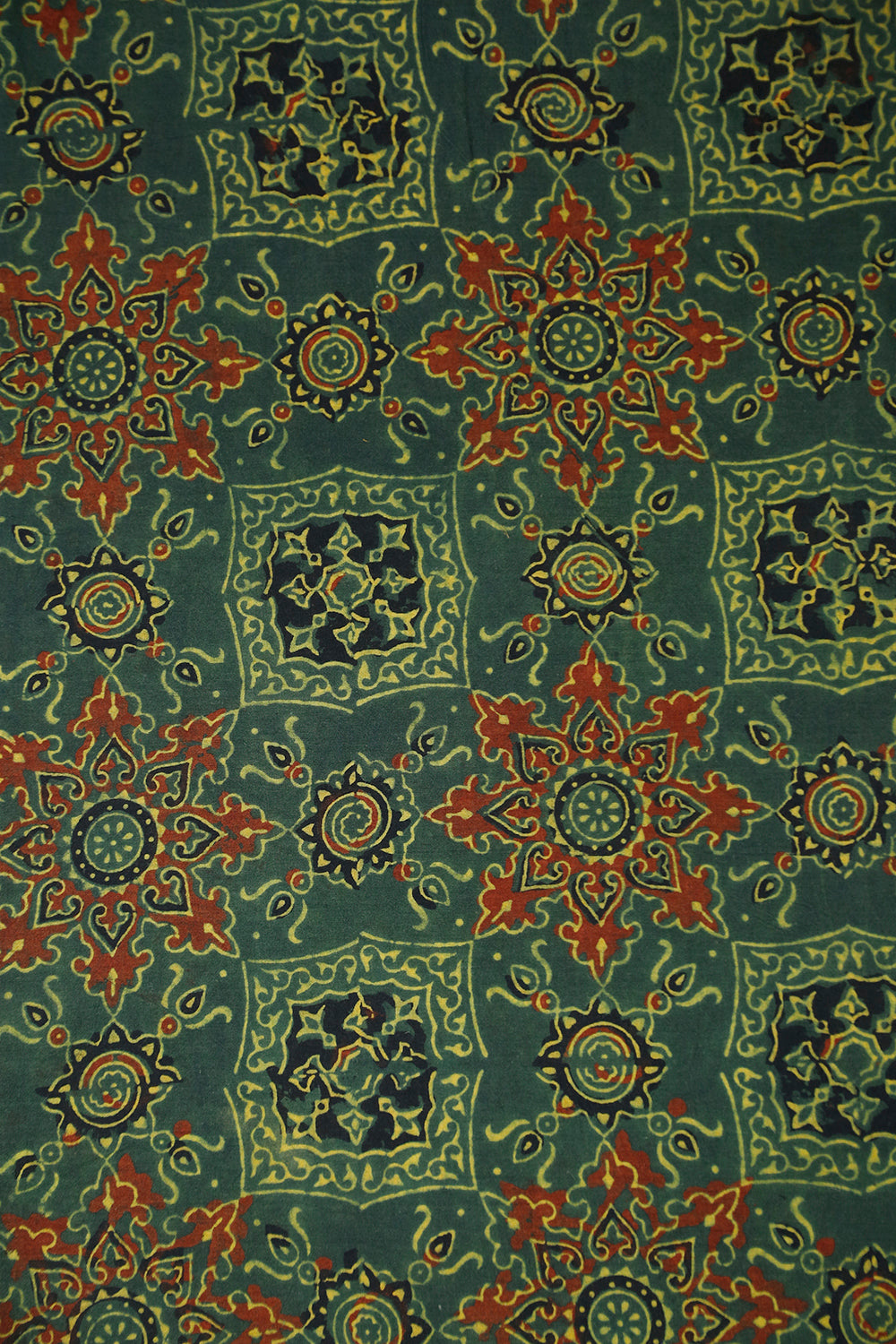 Intricate Floral on Dark Green Block Printed Ajrak Cotton Fabric - 1.75m
