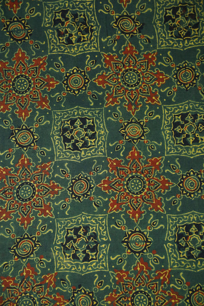 Intricate Floral on Dark Green Block Printed Ajrak Cotton Fabric - 1.75m