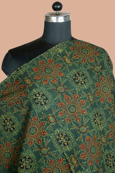 Intricate Floral on Dark Green Block Printed Ajrak Cotton Fabric - 1.75m