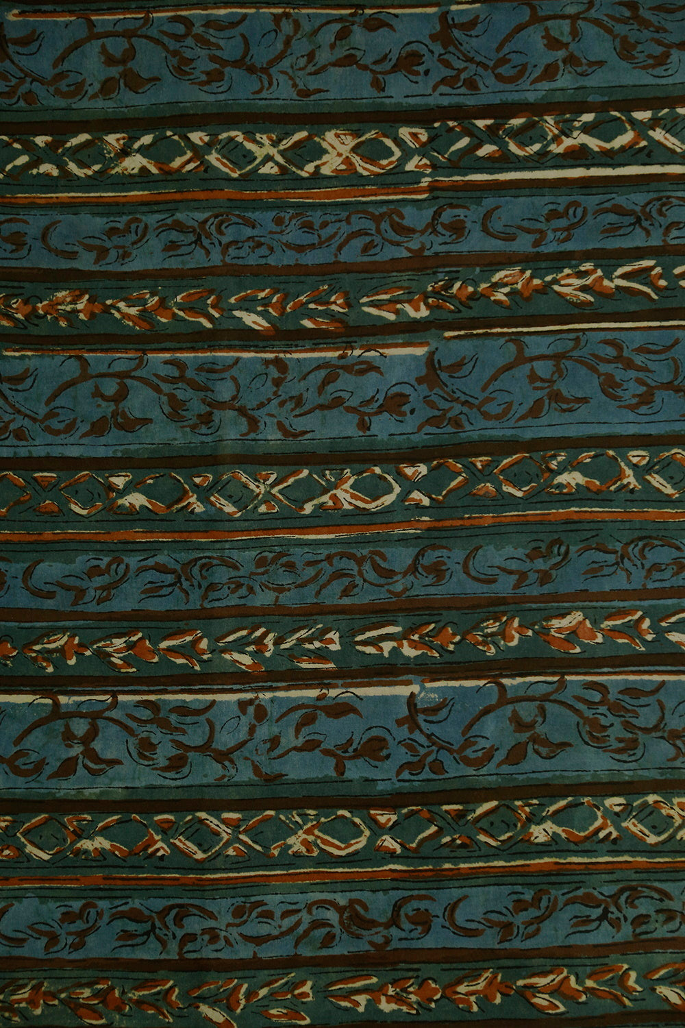 Floral & Stripes on Blue Bagru Block Printed Cotton Fabric - 0.65m