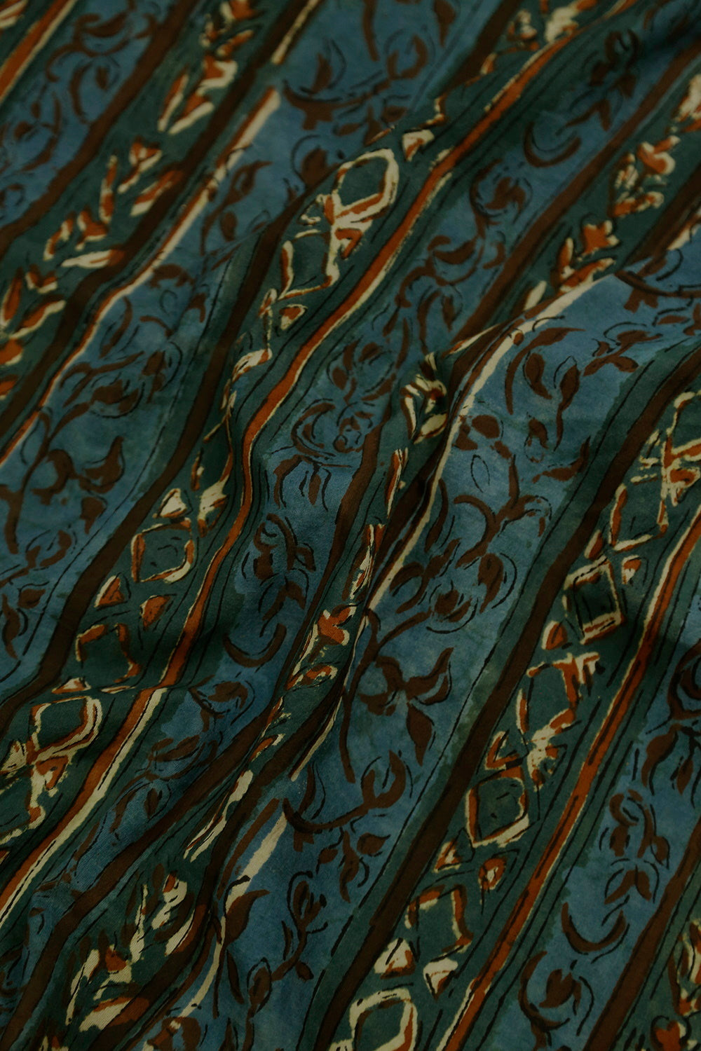 Floral & Stripes on Blue Bagru Block Printed Cotton Fabric - 0.65m