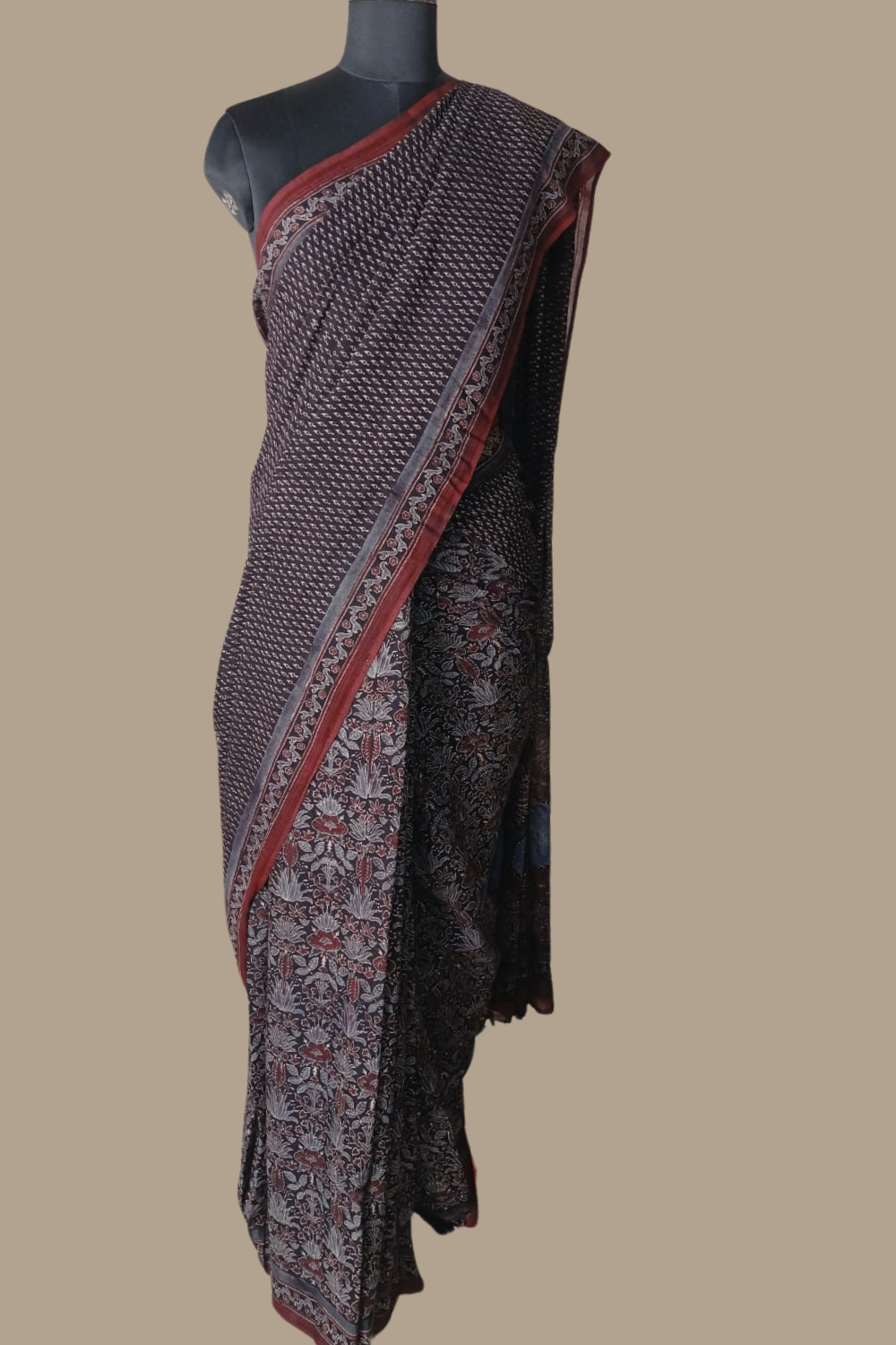 Tiny Motifs on Black Half & Half Ajrak Mul Cotton saree