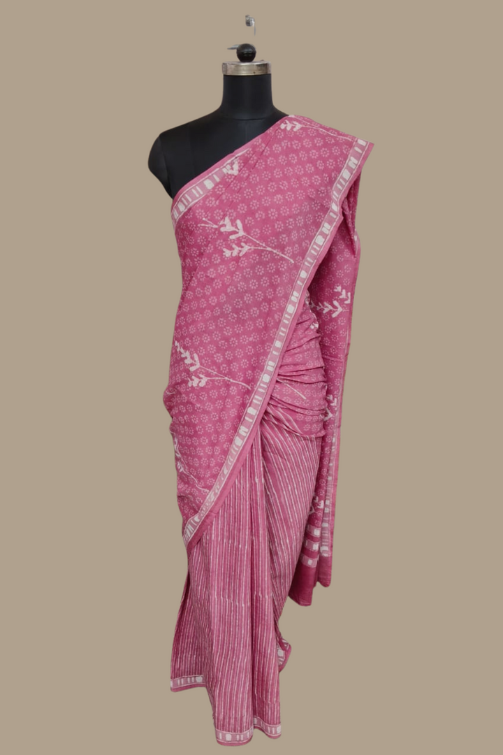 Pink Half & Half Dabu Mul Cotton saree