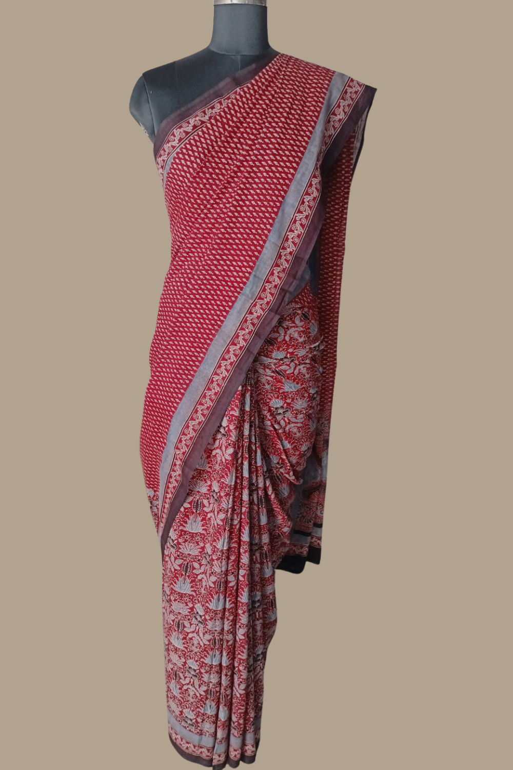 Micro Motifs Maroon Ajrak Half & Half Mul Cotton saree