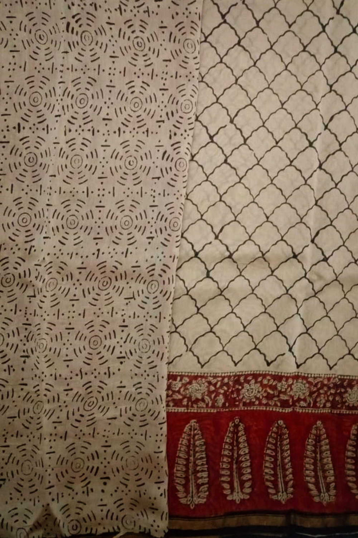 Cream with Maroon Block Printed Chanderi saree