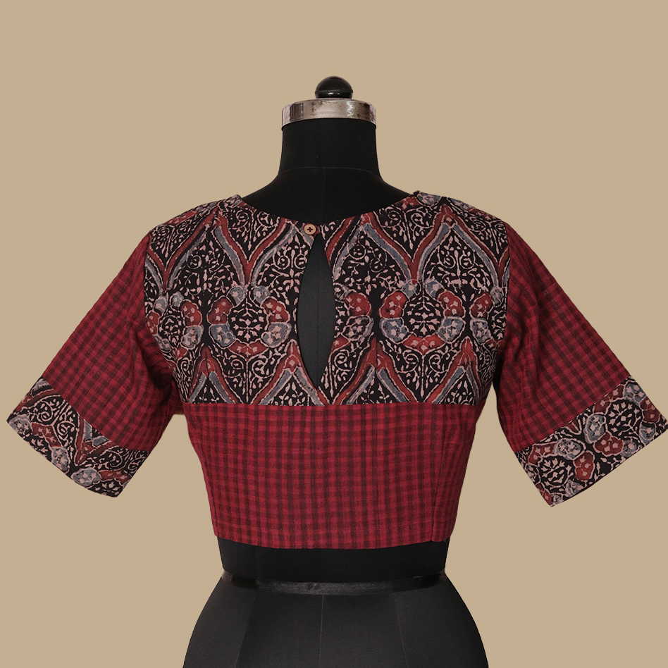 Shruti - Maroon with Black Ajrak Boddu Blouse 32,36,38,40,42