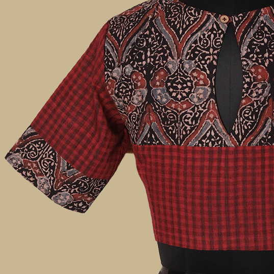 Shruti - Maroon with Black Ajrak Boddu Blouse 32,36,38,40,42