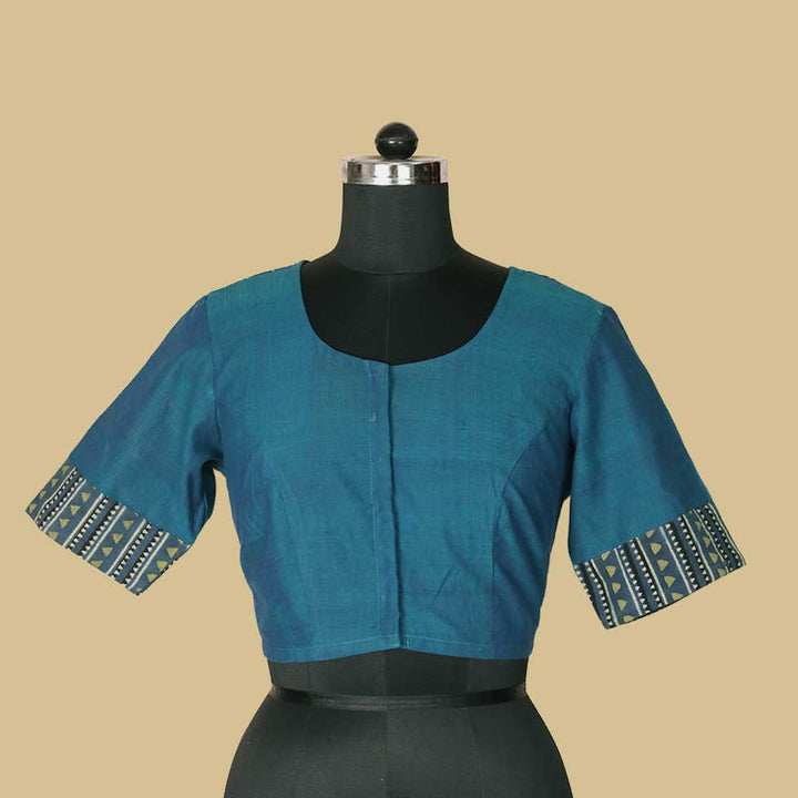 Shruti - Peacock Blue Ajrak Mangalagiri Blouse - 32,34,36,38,40,42