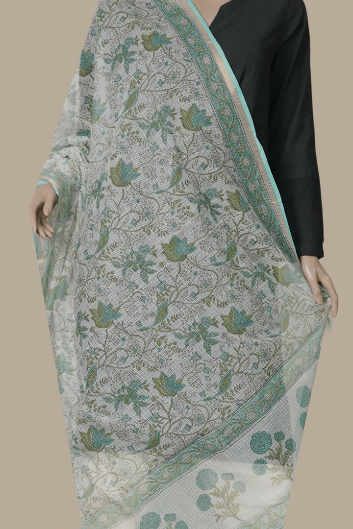 Green Floral on Cream Block Printed Kota Cotton Dupatta