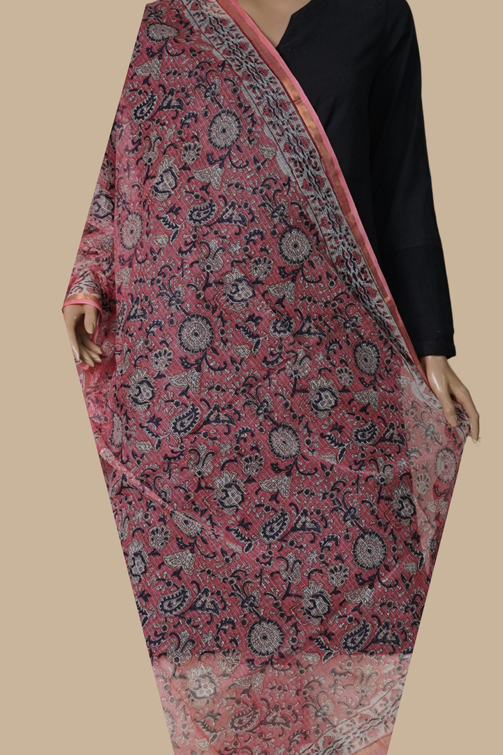 Pink Garden Block Printed Kota Cotton Dupatta