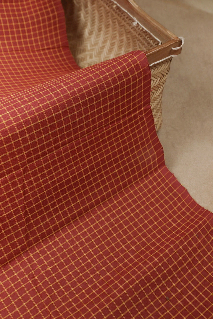 Checkered Maroon Handspun Handwoven Fabric - 0.65m