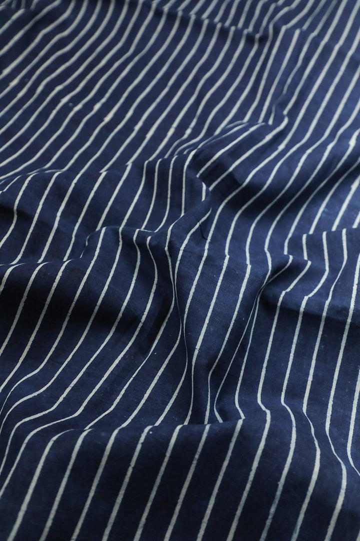 Indigo with Stripes Block Printed Cotton Fabric - 0.5m