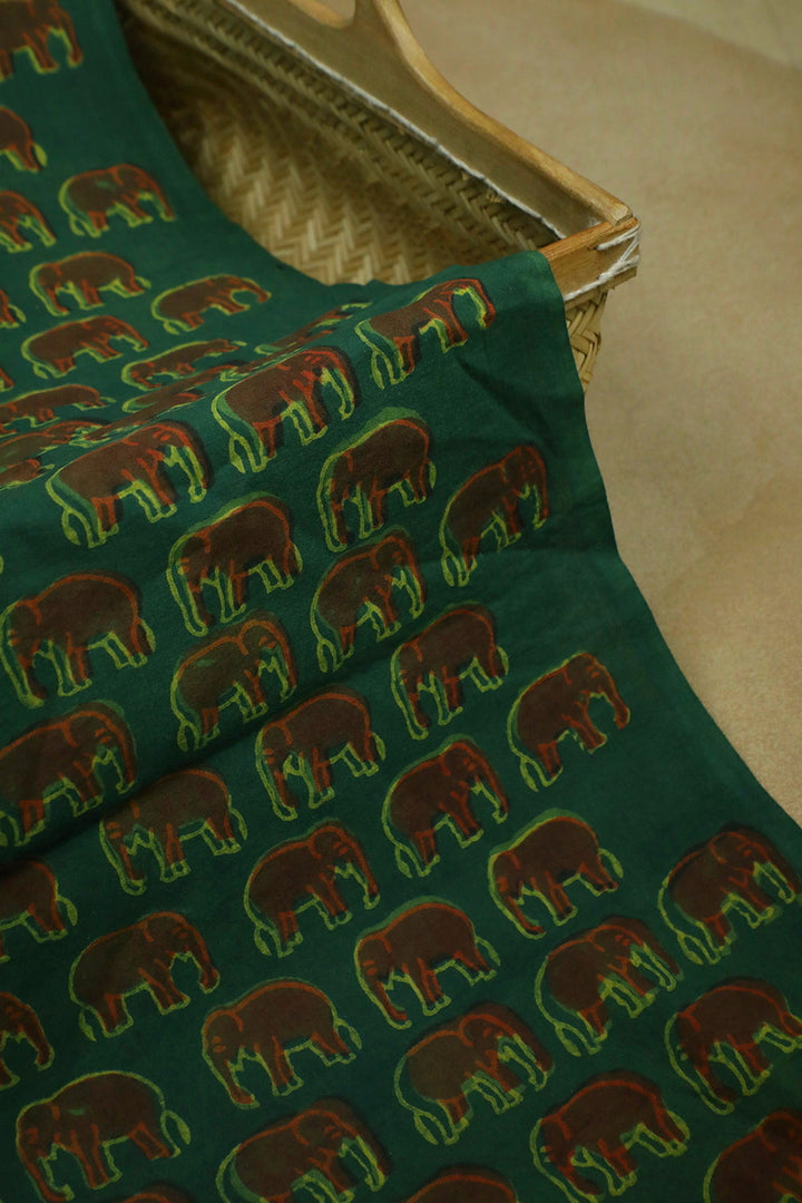Elephants on Green Akola Block Printed Cotton Fabric
