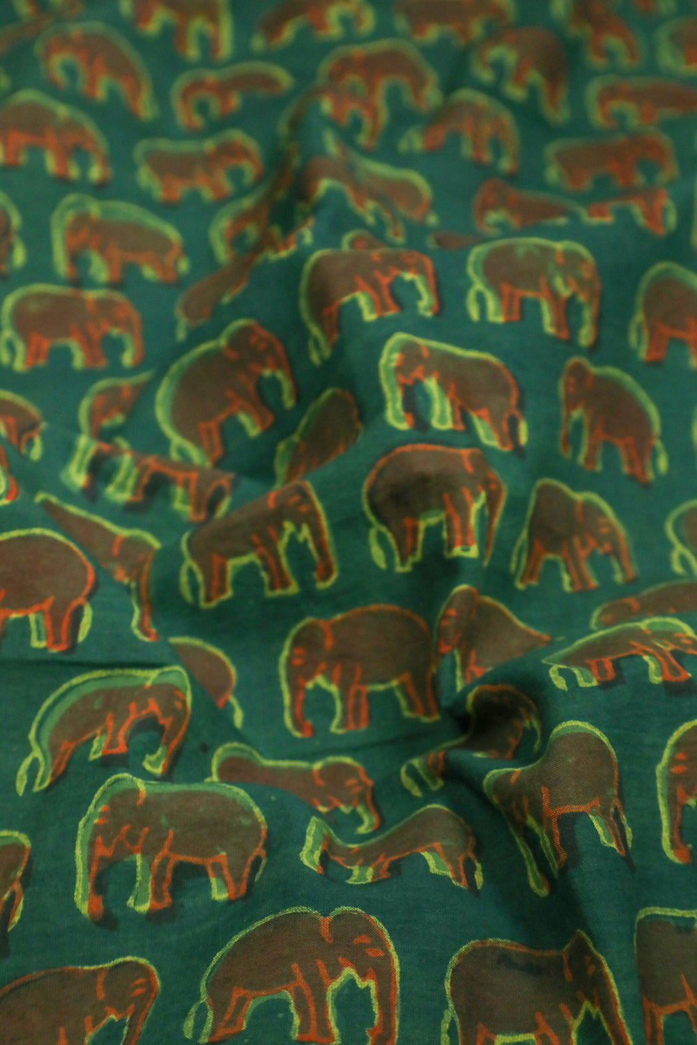 Elephants on Green Akola Block Printed Cotton Fabric - 1.8m