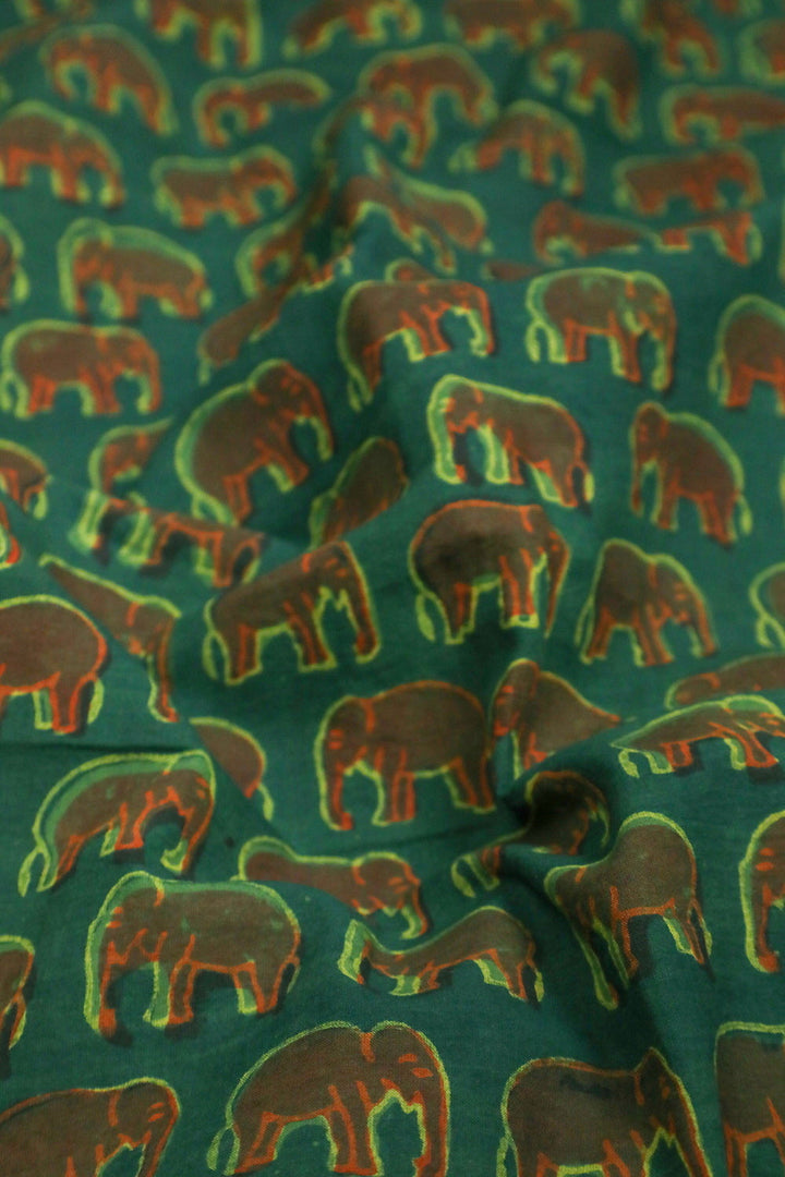 Elephants on Green Akola Block Printed Cotton Fabric - 1.8m