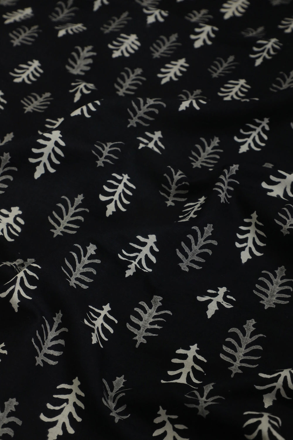 Black with Motifs Block Printed Cotton Fabric