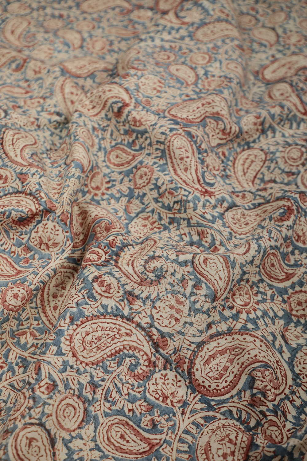 Maroon Paisley on Light Blue Printed kalamkari Cotton Fabric - 0.75m
