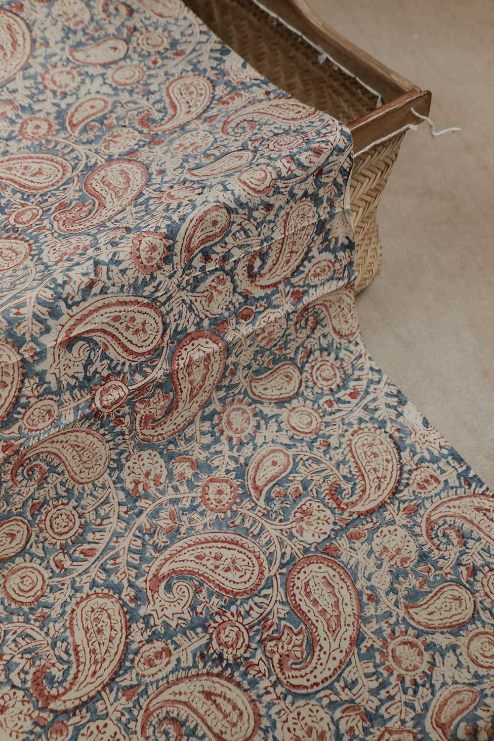 Maroon Paisley on Light Blue Printed kalamkari Cotton Fabric - 0.75m