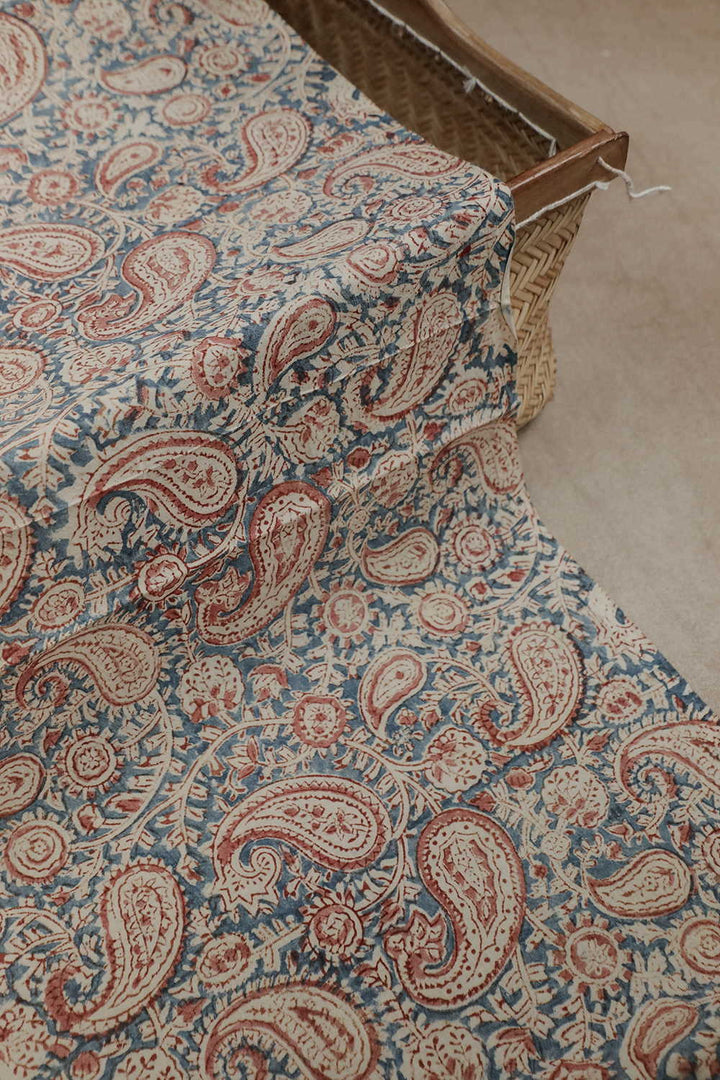 Maroon Paisley on Light Blue Printed kalamkari Cotton Fabric - 0.75m