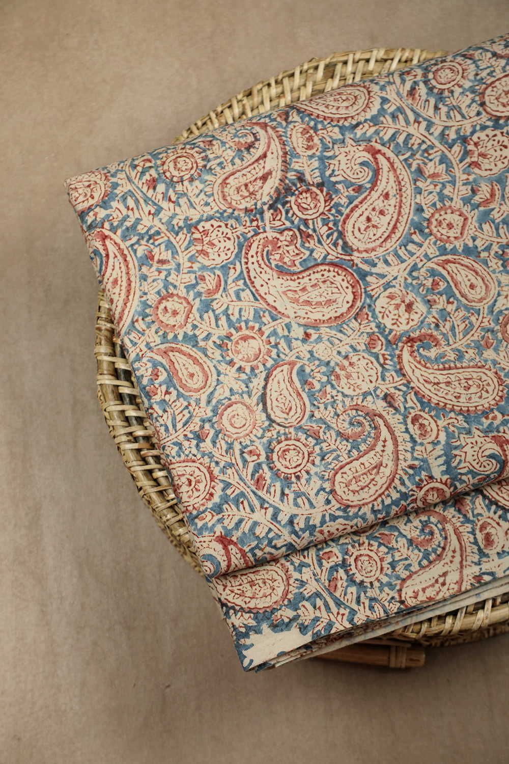 Maroon Paisley on Light Blue Printed kalamkari Cotton Fabric - 0.75m
