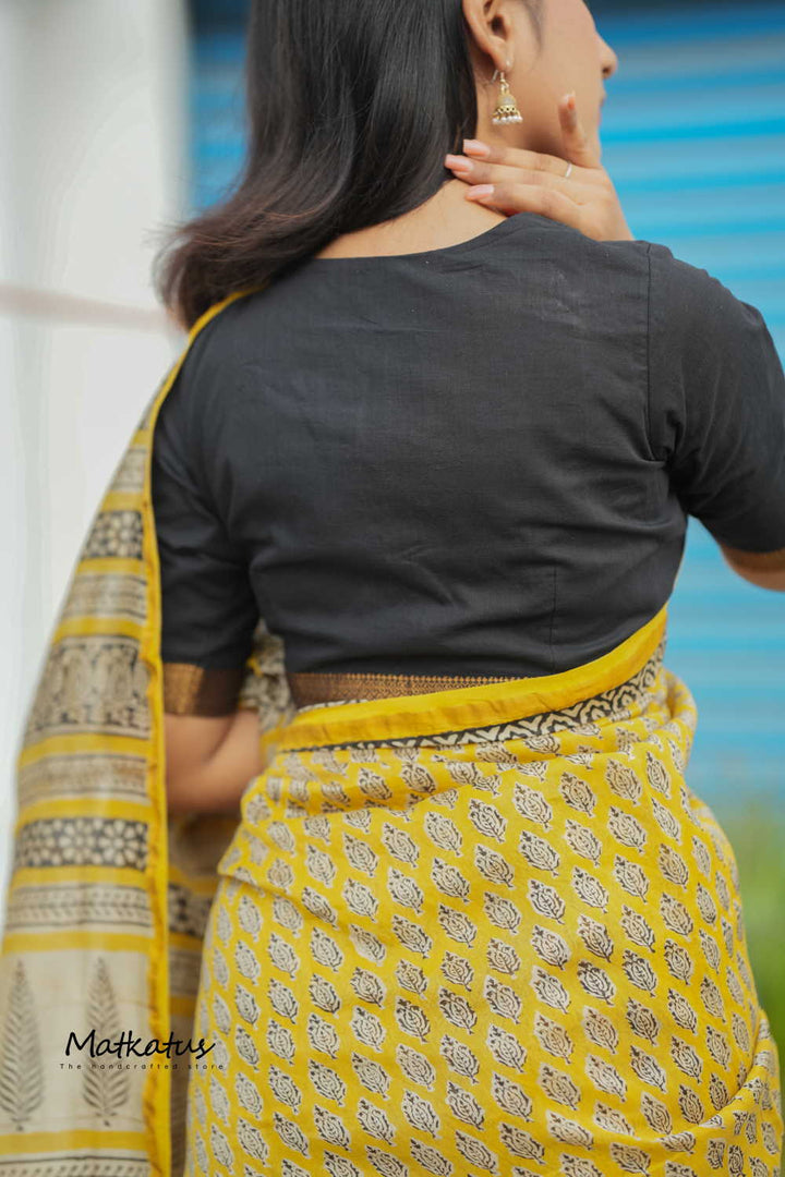 Motifs on Yellow Chanderi Silk Cotton saree
