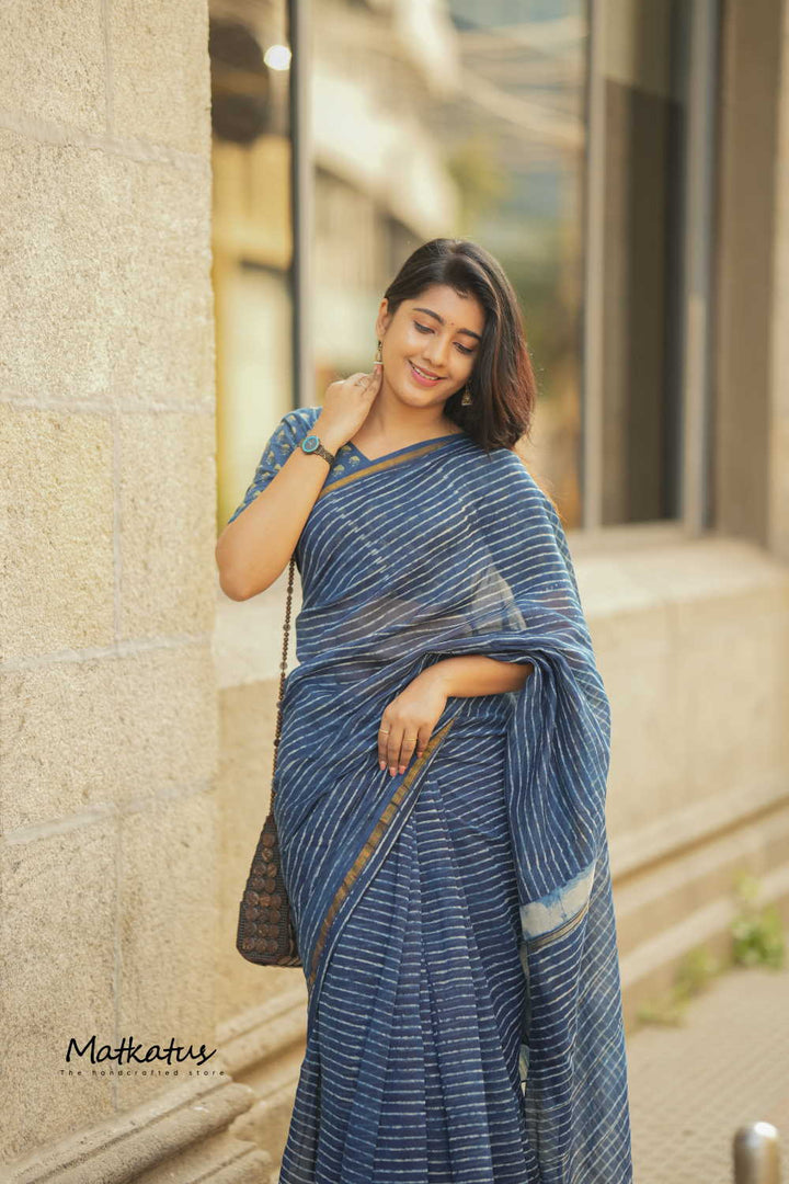 Stripes on Indigo Chanderi Silk Cotton saree