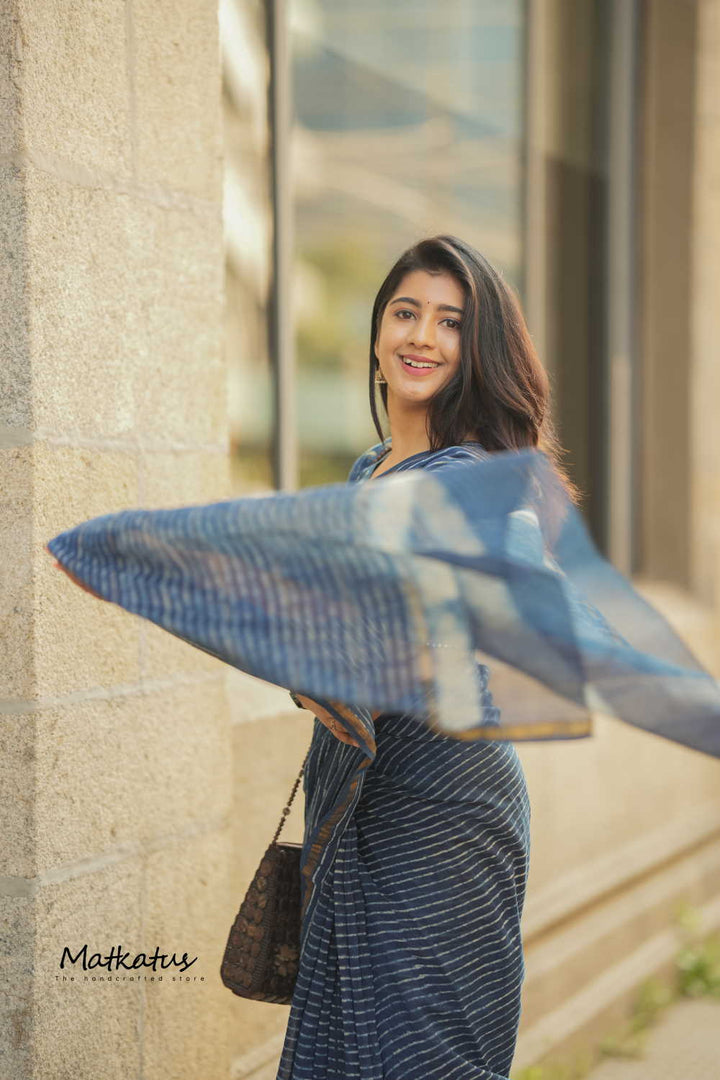 Stripes on Indigo Chanderi Silk Cotton saree