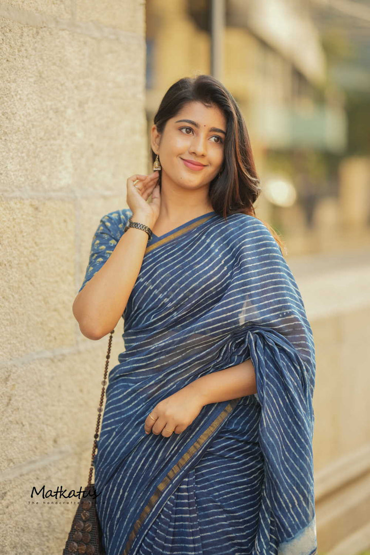 Stripes on Indigo Chanderi Silk Cotton saree