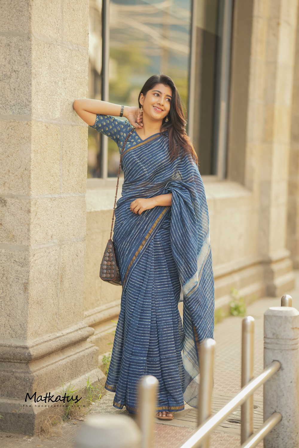Stripes on Indigo Chanderi Silk Cotton saree