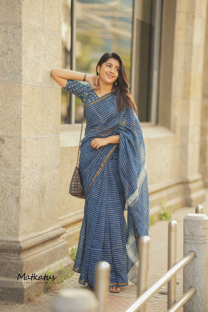 Stripes on Indigo Chanderi Silk Cotton saree