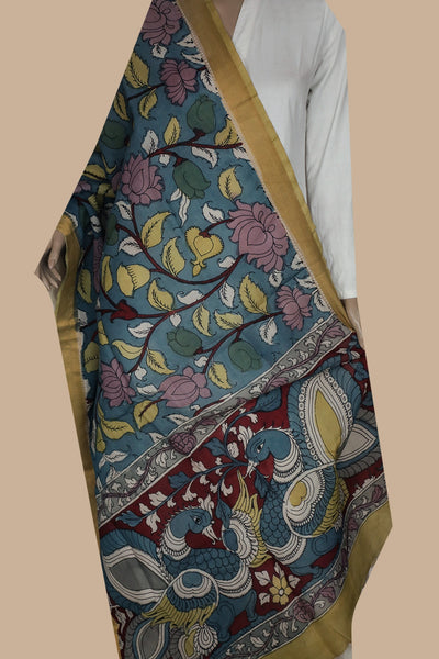 Thavare Dark Grey Pen Kalamkari Dupatta